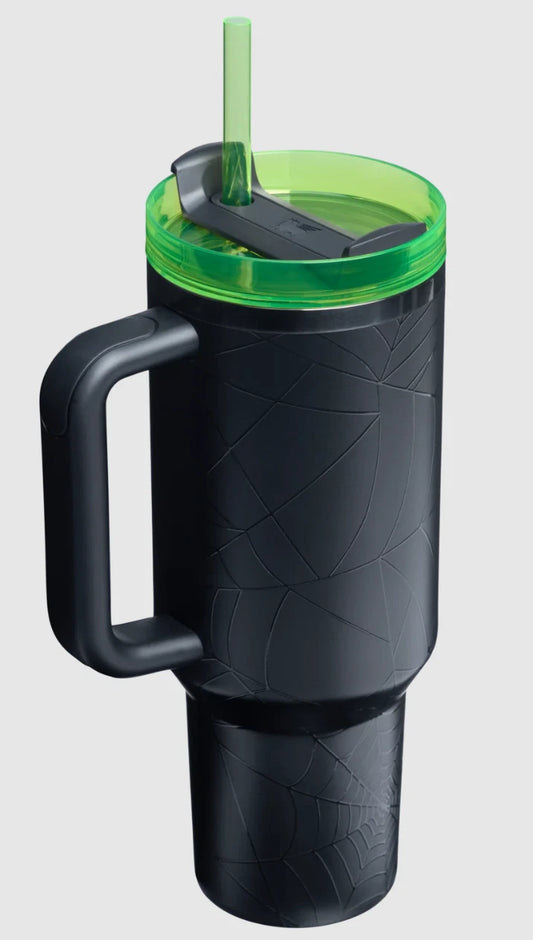 40oz Black Halloween Web Glow Tumbler – Insulated Travel Cup with Straw