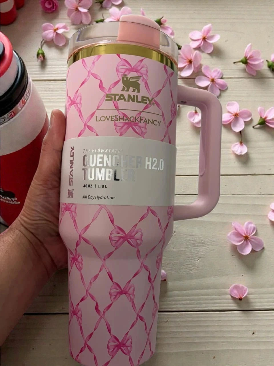 40oz Pink Peppermint Holiday Tumbler with Bow Design – Insulated Cup