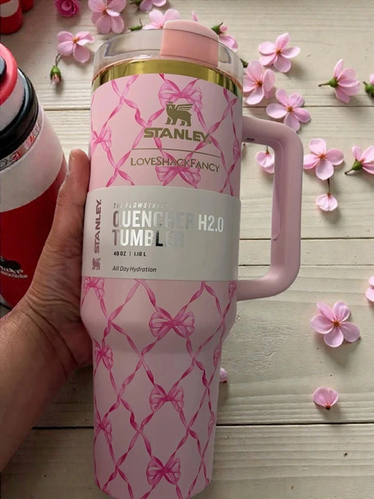 40oz Pink Peppermint Holiday Tumbler with Bow Design – Insulated Cup