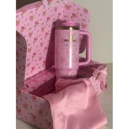 40oz Pink Floral Tumbler with Handle &amp; Straw – Insulated Reusable Travel Cup