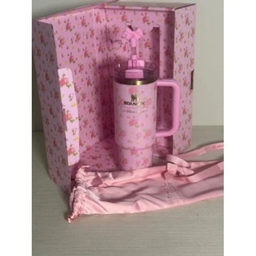 40oz Pink Floral Tumbler with Handle &amp; Straw – Insulated Reusable Travel Cup
